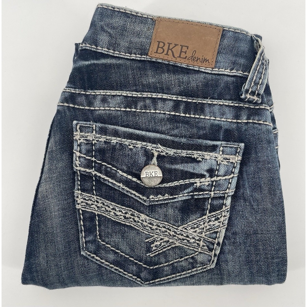 BKE Starlite Jeans Women 26R Blue Straight Leg Low Rise Thick Stitch Embroidered